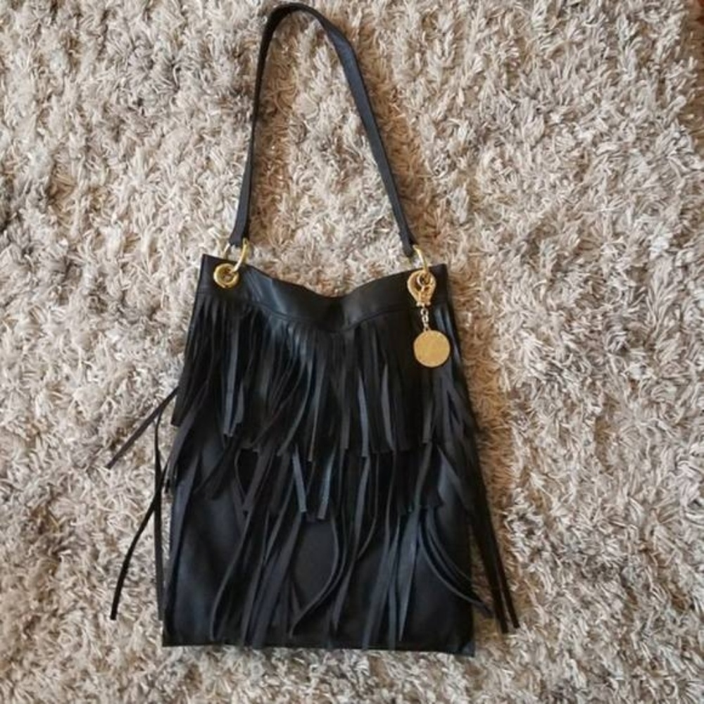 Stella & Jamie Black Leather Fringe Tote Handbag - Picture 1 of 6